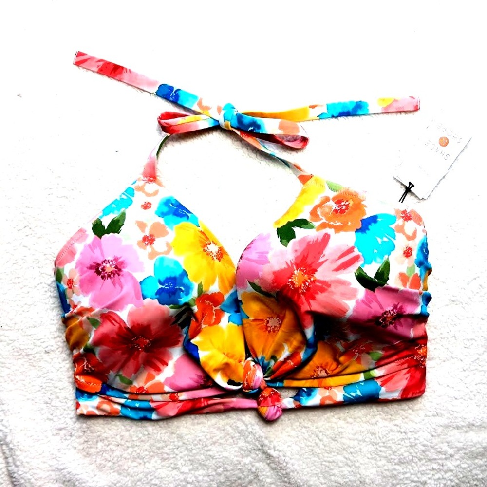 SHAPE + SHORE Bikini Top Floral Print Halter Tie Knot‎ Front Size 38DD New